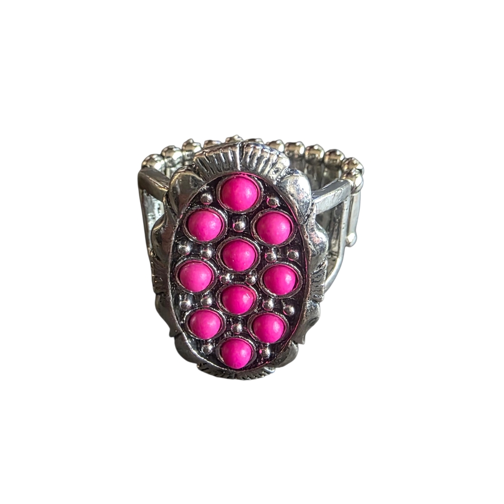 Pink Beaded Silver Stretch Ring